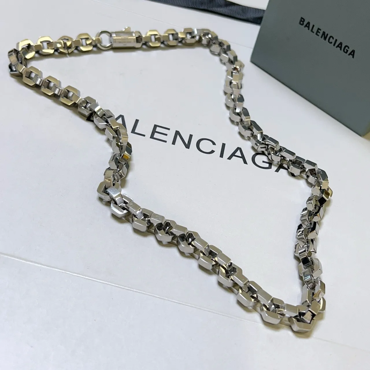 Balenciaga Silver Geometric Faceted Links Polished Metal Necklace 6