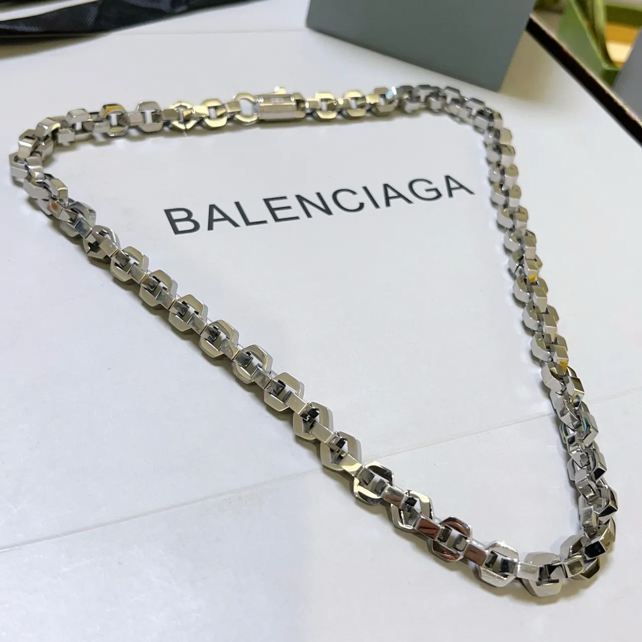 Balenciaga Silver Geometric Faceted Links Polished Metal Necklace 9