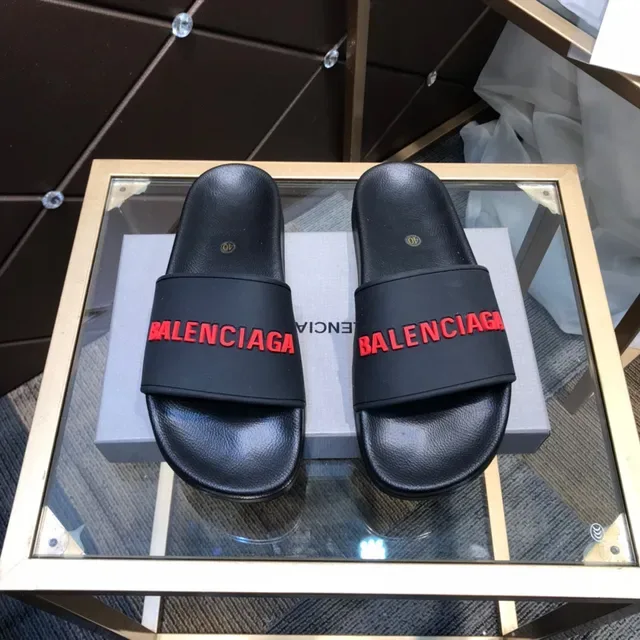 Balenciaga Slide Black Red Logo Slippers 9