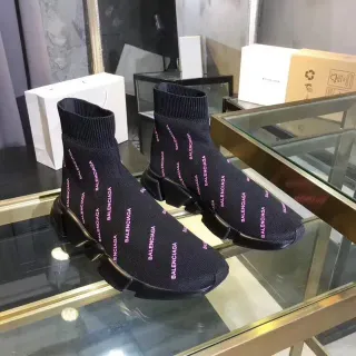 Balenciaga Speed Trainer Black Pink Sock-Fit Knit Upper Repeating Logo Print Lifestyle Sneakers