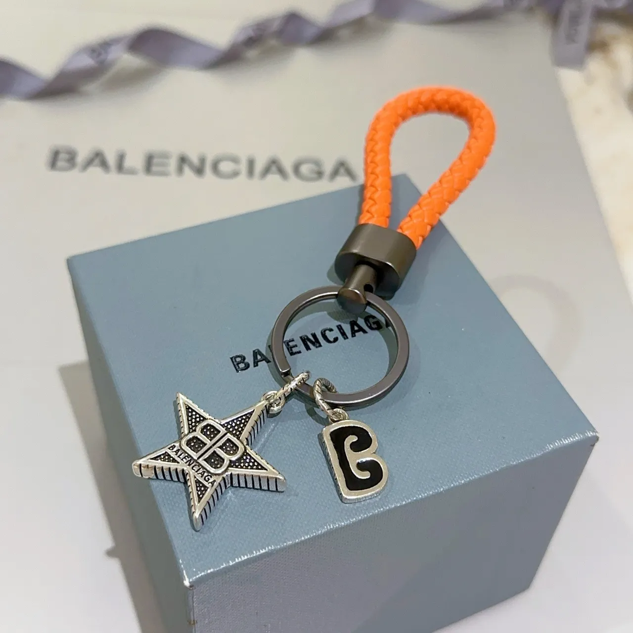 Balenciaga Star BB Logo Pulseira de metal de cordão trançado laranja prata 2