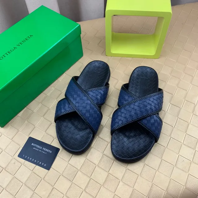 Bottega Veneta Andiamo Navy Blue Intrecciato Woven Leather Slippers 9