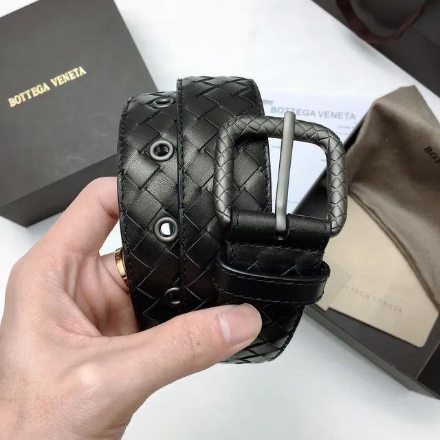 Bottega Veneta काला चांदी Intrecciato बुना हुआ आयताकार बकल चर्म बेल्ट 3