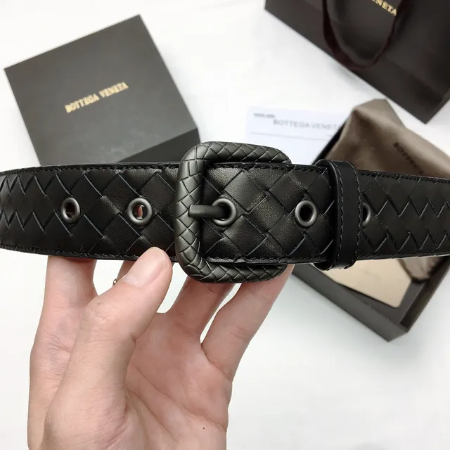 Bottega Veneta काला चांदी Intrecciato बुना हुआ आयताकार बकल चर्म बेल्ट 4