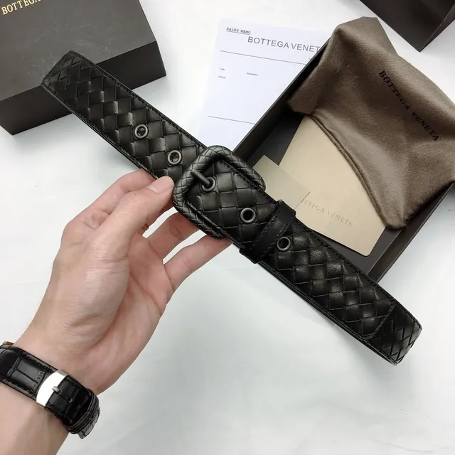 Bottega Veneta काला चांदी Intrecciato बुना हुआ आयताकार बकल चर्म बेल्ट 5
