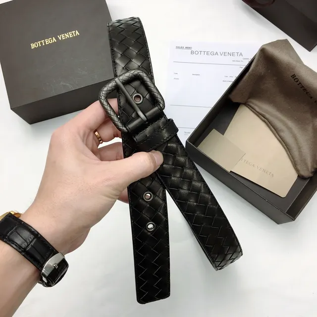 Bottega Veneta काला चांदी Intrecciato बुना हुआ आयताकार बकल चर्म बेल्ट 6