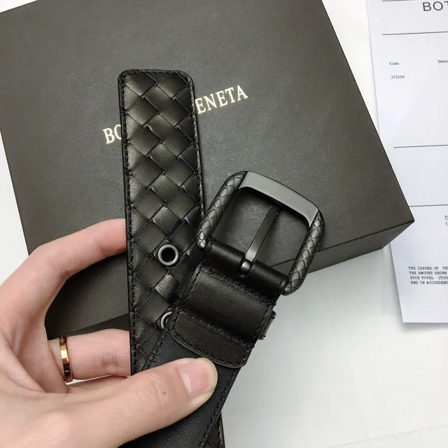 Bottega Veneta काला चांदी Intrecciato बुना हुआ आयताकार बकल चर्म बेल्ट 7