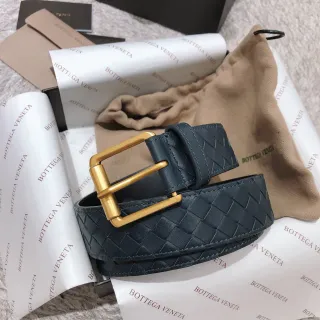 Bottega Veneta Navy Gold Intrecciato Woven Rectangular Buckle Leather Belt