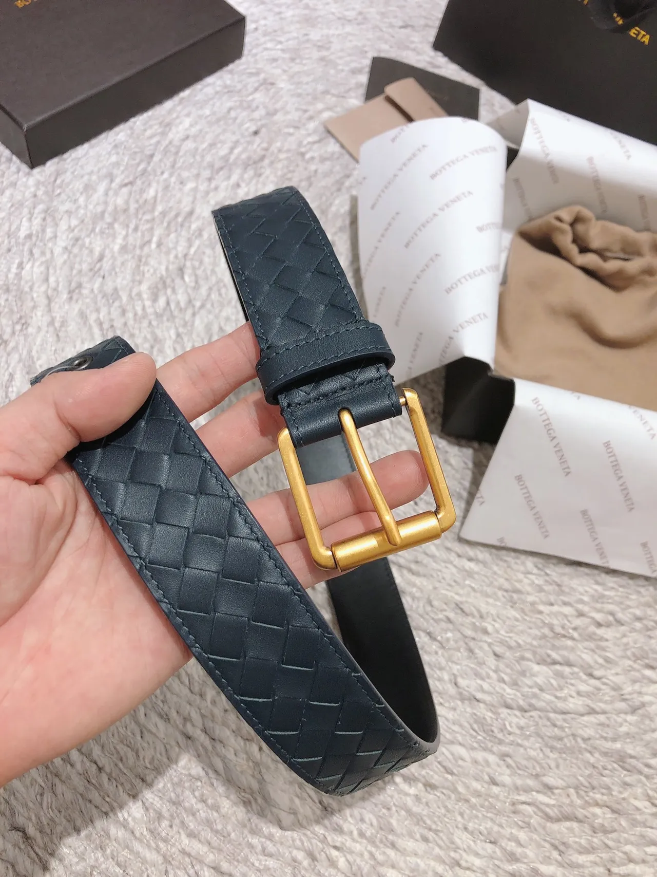 Bottega Veneta Navy Gold Intrecciato Woven Rectangular Buckle Leather Belt 2