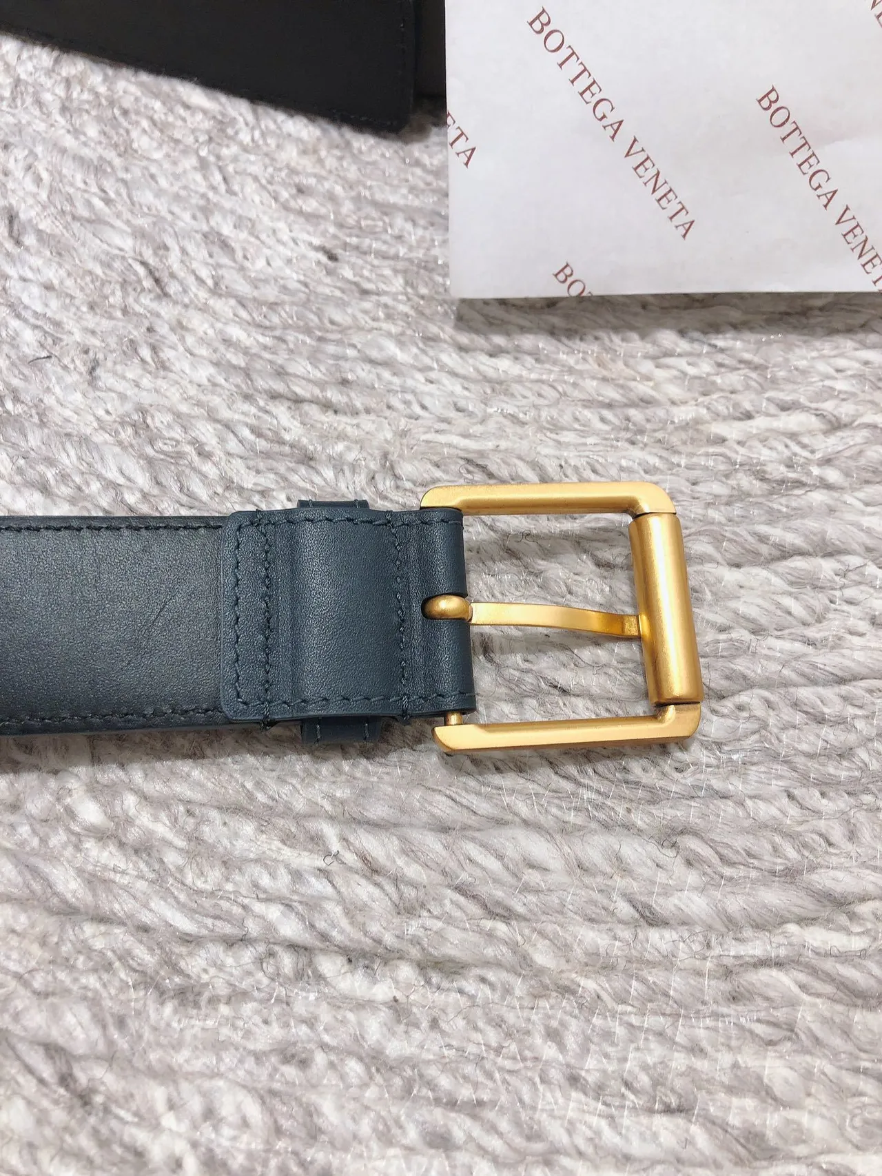 Bottega Veneta Navy Gold Intrecciato Woven Rectangular Buckle Leather Belt 3