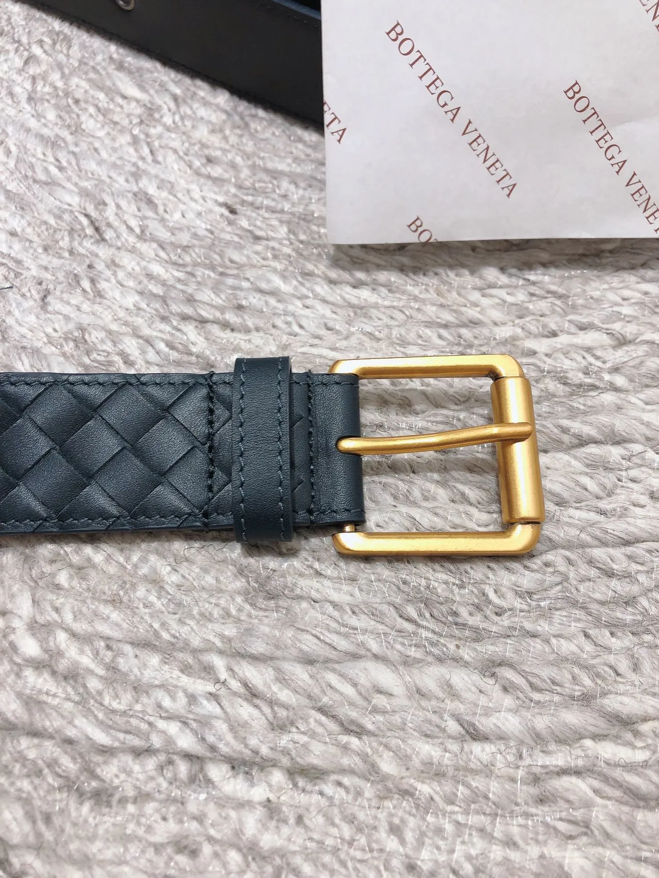 Bottega Veneta Navy Gold Intrecciato Woven Rectangular Buckle Leather Belt 4