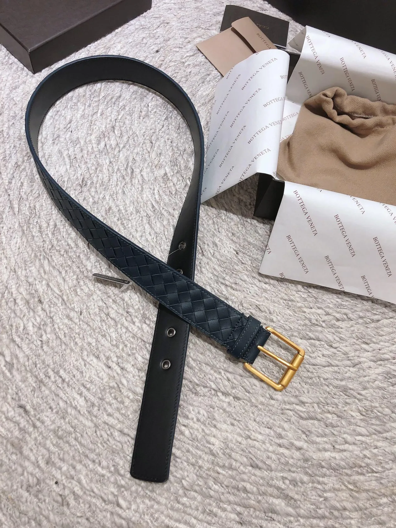 Bottega Veneta Navy Gold Intrecciato Woven Rectangular Buckle Leather Belt 5