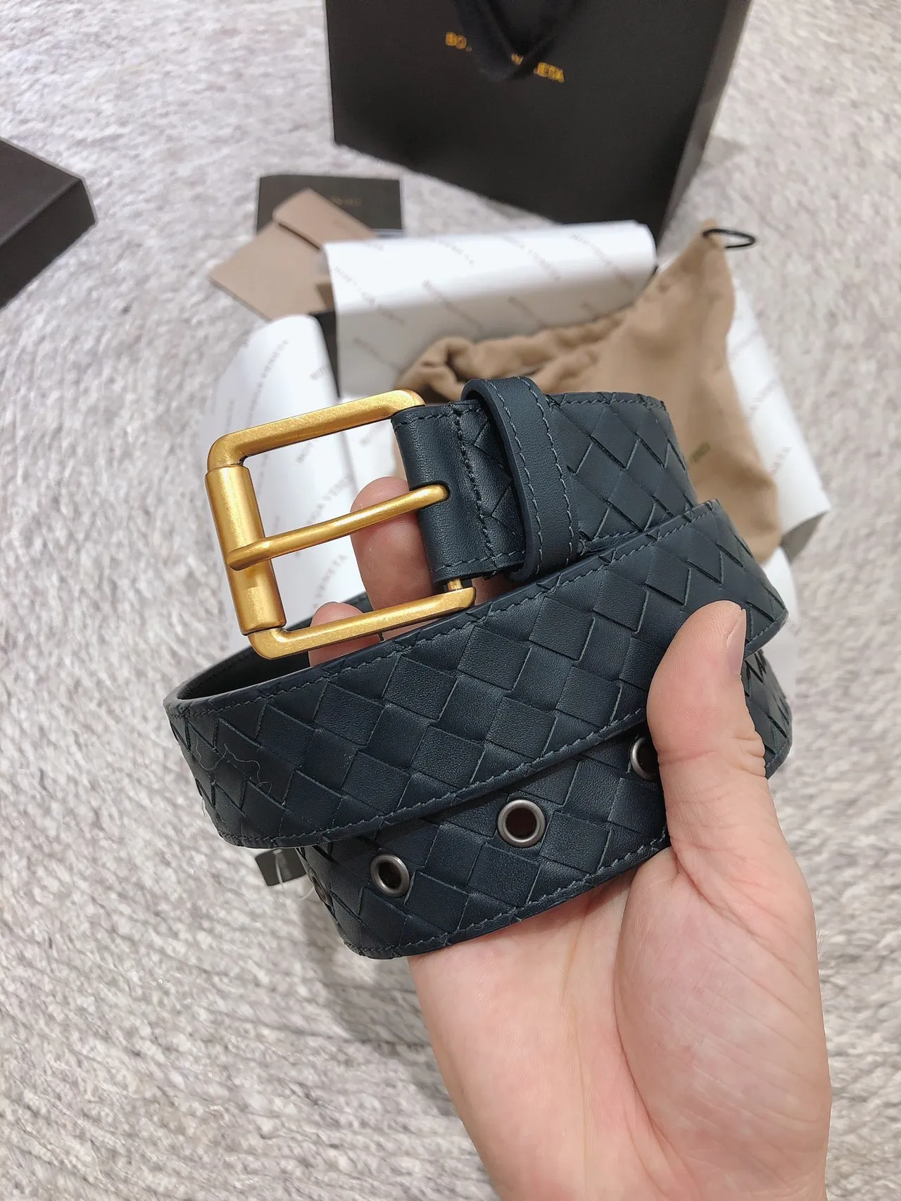 Bottega Veneta Navy Gold Intrecciato Woven Rectangular Buckle Leather Belt 6