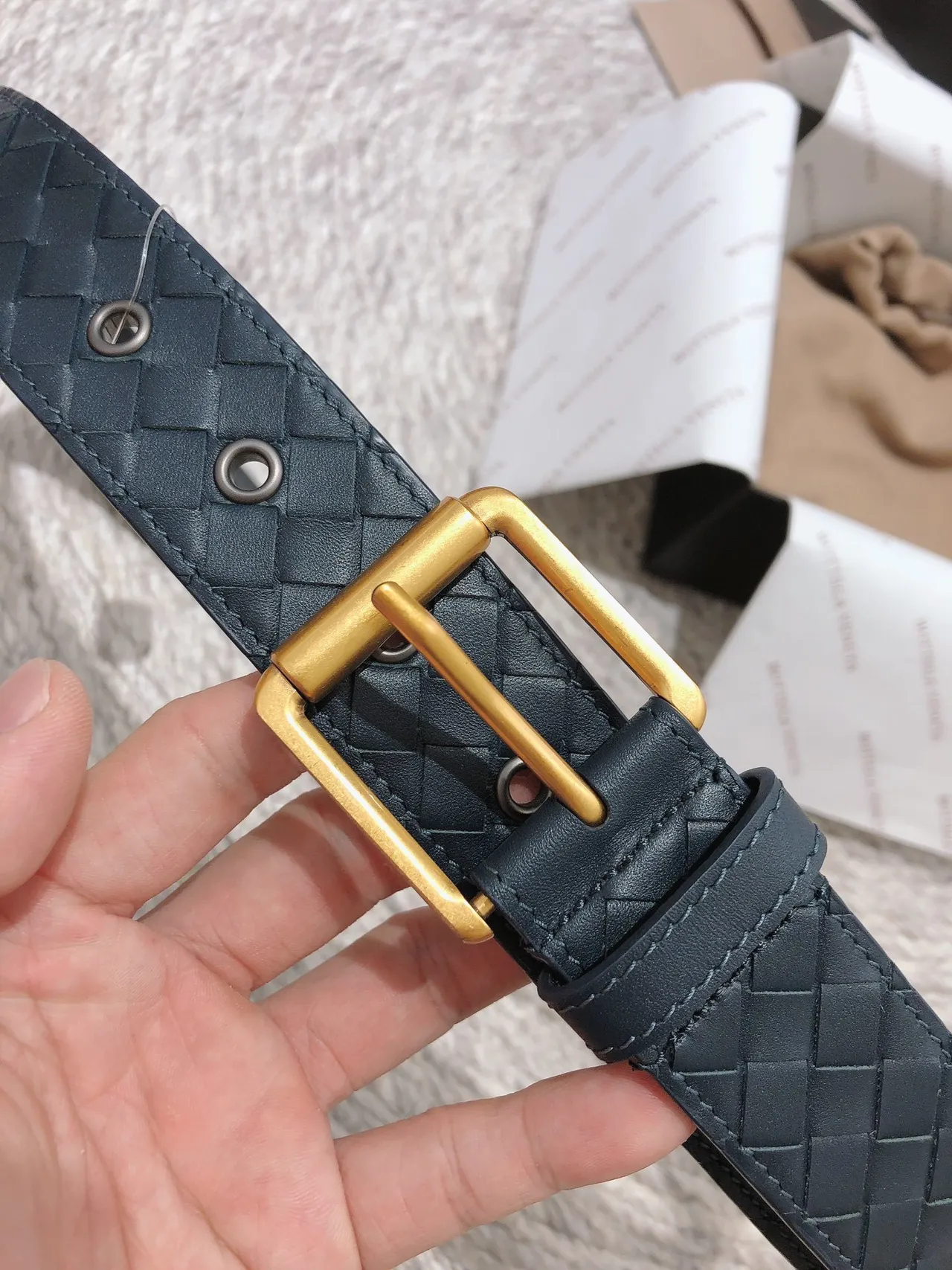 Bottega Veneta Navy Gold Intrecciato Woven Rectangular Buckle Leather Belt 7