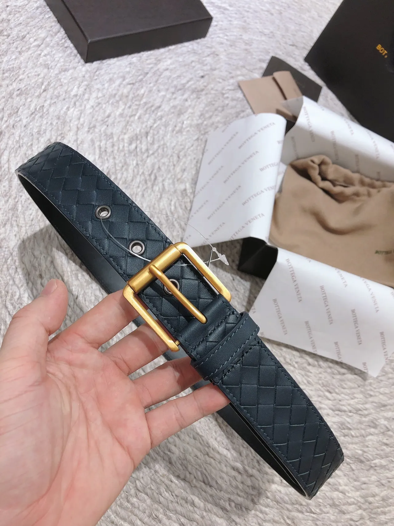 Bottega Veneta Navy Gold Intrecciato Woven Rectangular Buckle Leather Belt 8