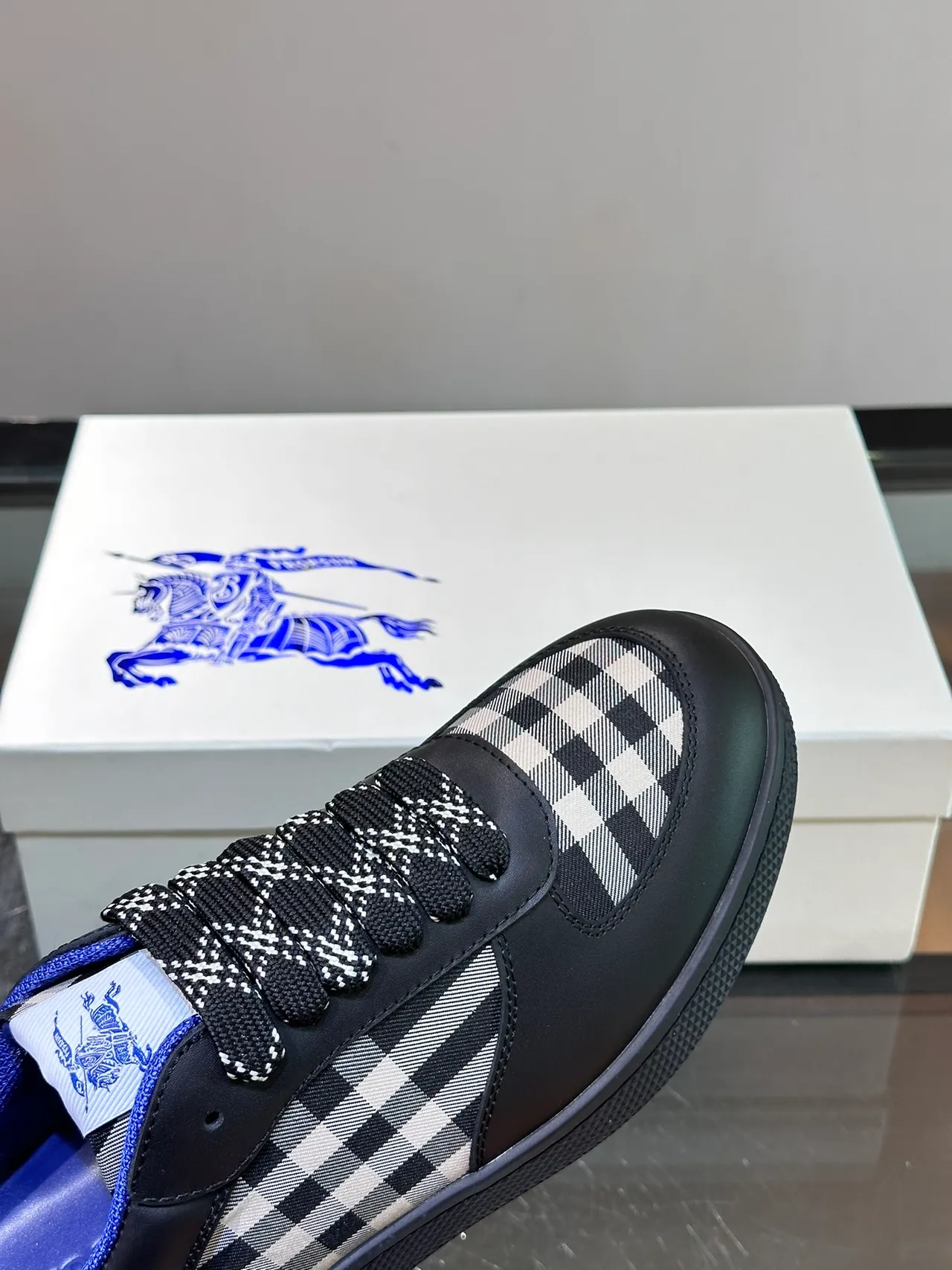 Burberry Black Blue Leather Upper House Check Side Panels Lifestyle Sneakers 3