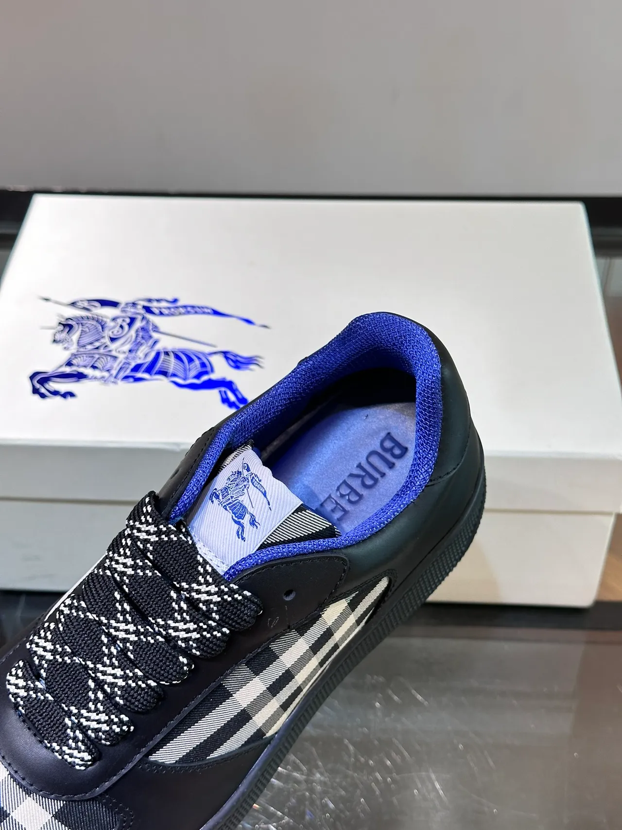 Burberry Black Blue Leather Upper House Check Side Panels Lifestyle Sneakers 4