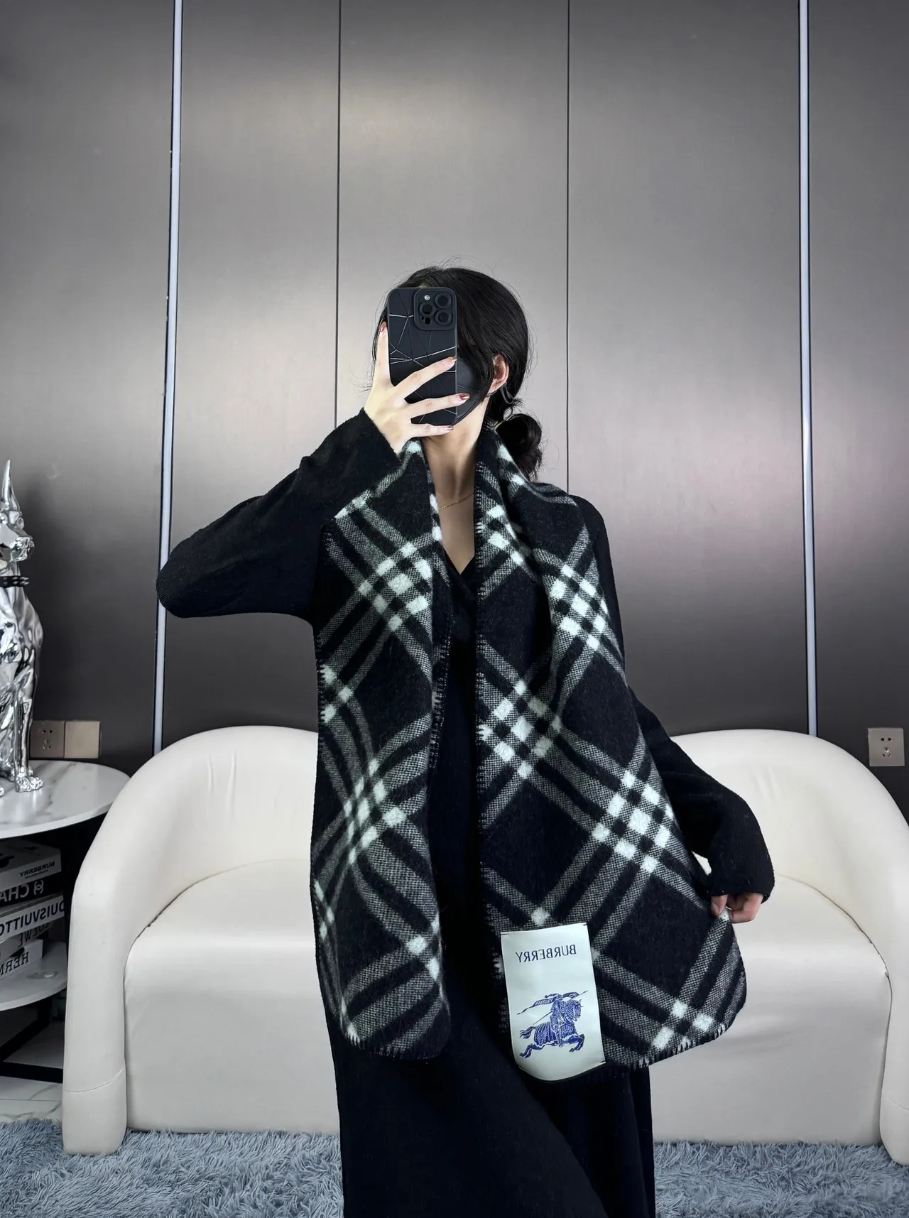 Burberry Negro Blanco Oversized Patrón de Cuadros Gradiente Tonal Weave Cashmere Bufanda 3
