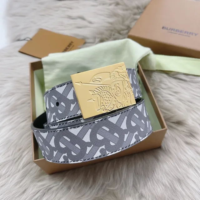 Burberry Gray Navy Monogrammed Canvas Backing Leather Belt 3