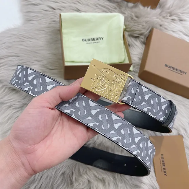 Burberry Gray Navy Monogrammed Canvas Backing Leather Belt 4