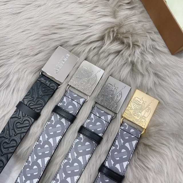 Burberry Gray Navy Monogrammed Canvas Backing Leather Belt 5