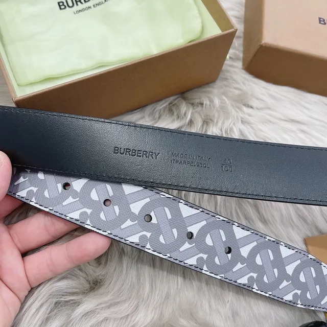Burberry Gray Navy Monogrammed Canvas Backing Leather Belt 6
