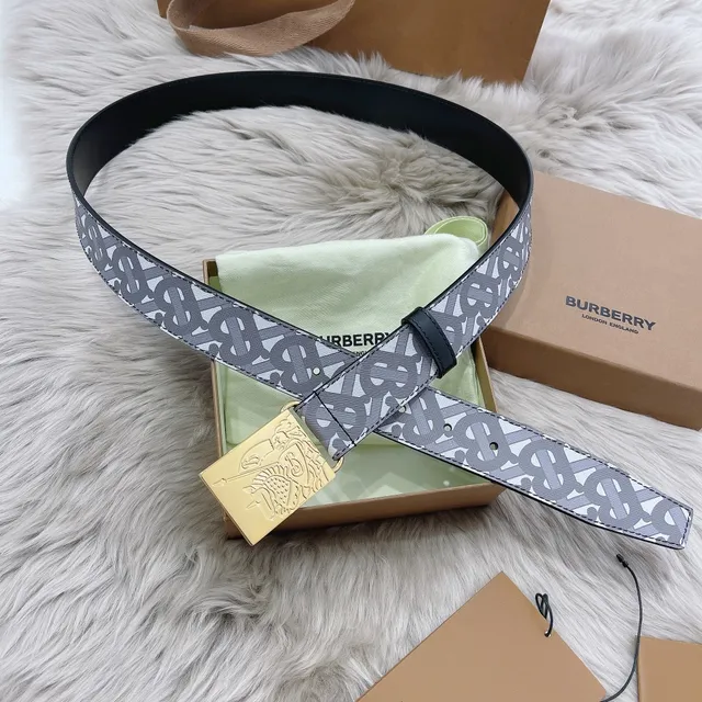 Burberry Gray Navy Monogrammed Canvas Backing Leather Belt 7