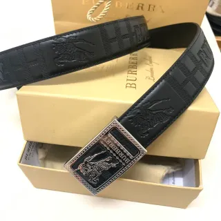 Burberry Knight Black Silver Ceinture en cuir avec texture de motif à carreaux équestre embossé