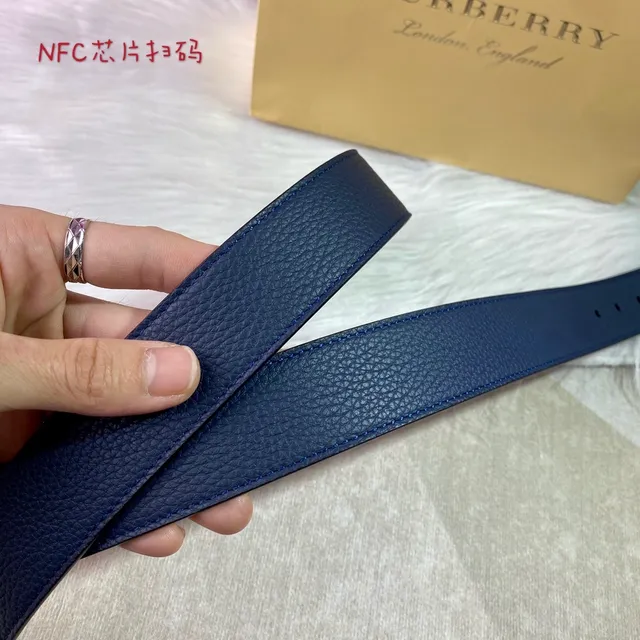 Burberry Knight Navy Blue Pebbled Leather Belt 5