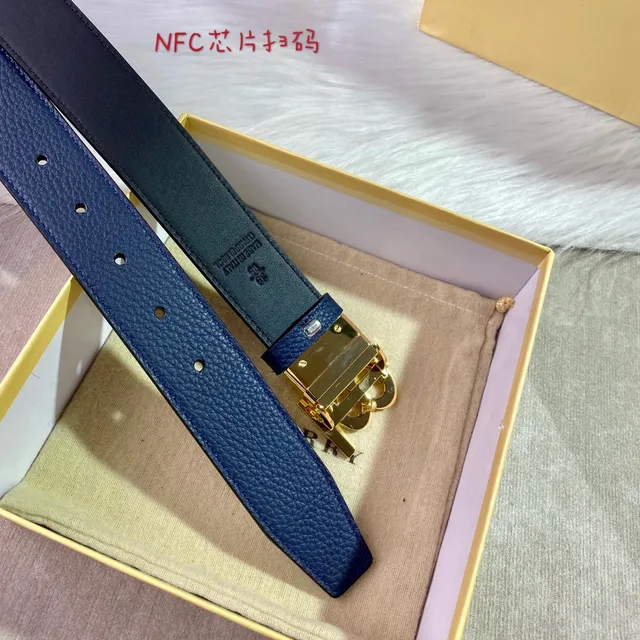 Burberry Knight Navy Blue Pebbled Leather Belt 8