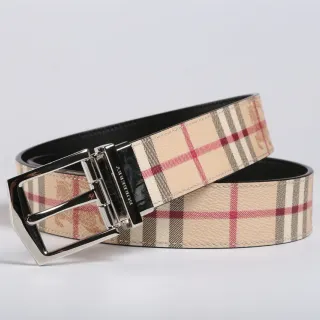 Burberry حزام جلدي قابل للعكس House Check بيج أحمر أسود