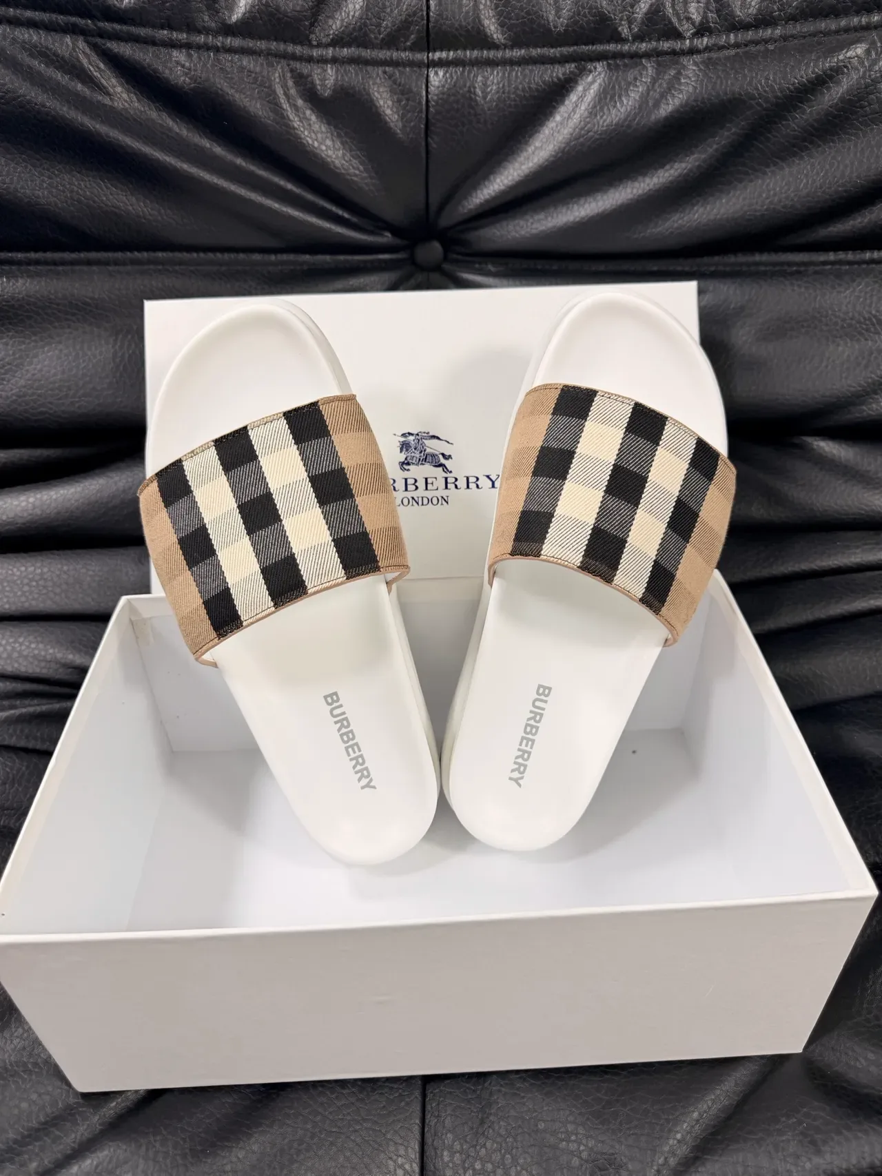 Burberry Slide Beige Black Single-Strap Check-Pattern Slippers 13