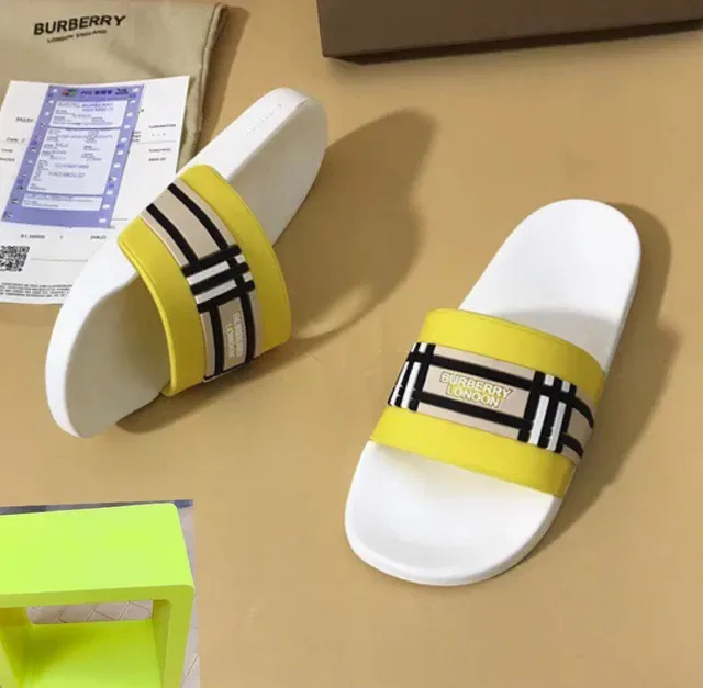 Burberry Slide Yellow White Wide Strap Slippers 7