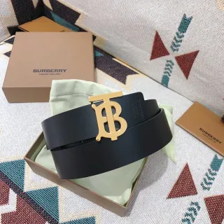 Burberry TB Cinturón Negro Dorado Suave Monograma Hebilla Cinturón de Cuero