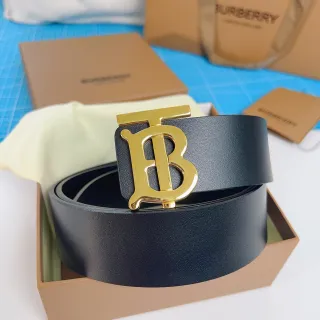 Burberry TB Belt Black Leather Gold-Tone Monogram Buckle Leather Belt