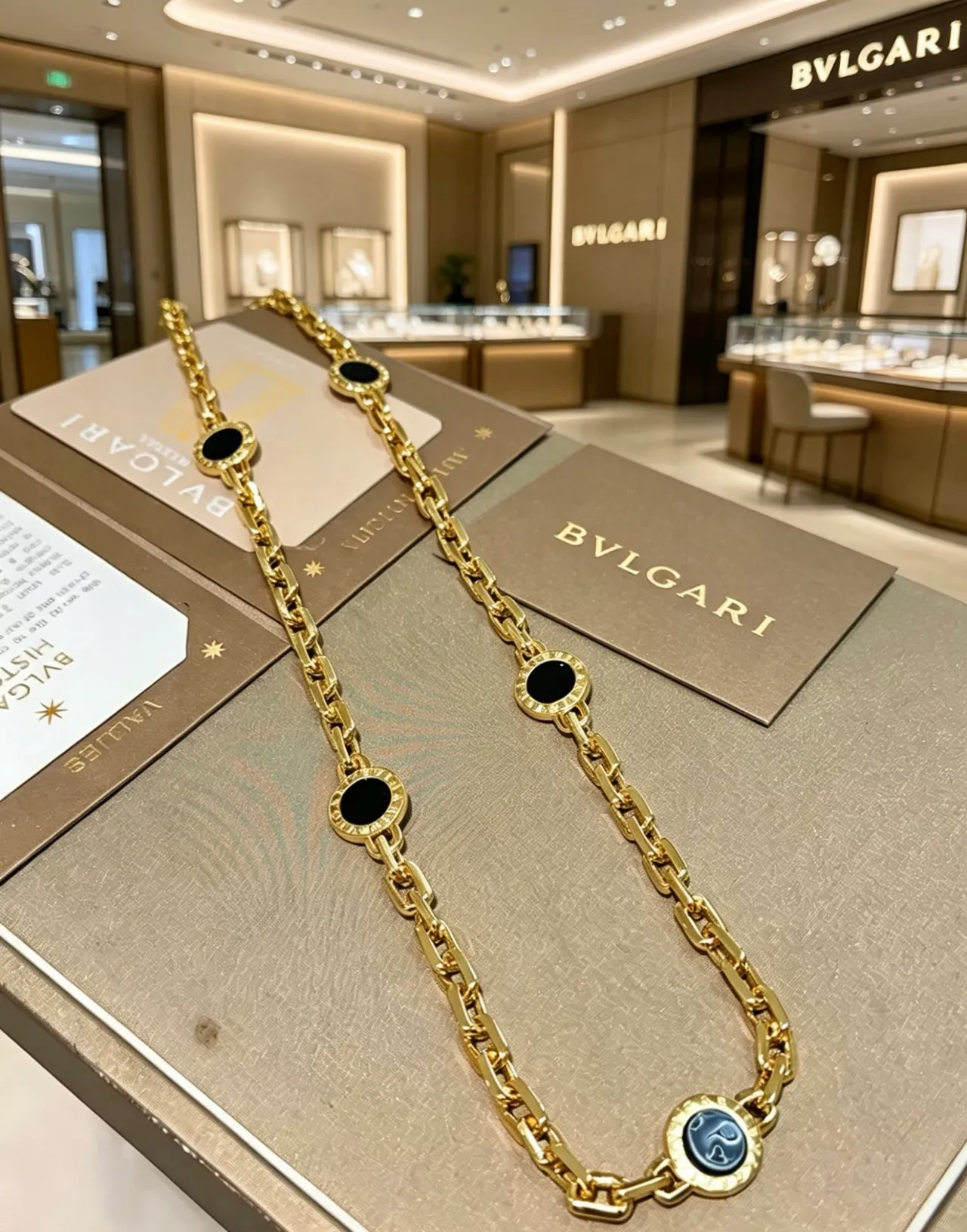 Bvlgari 金色黑色粗曲边链欧泊圆形徽章项链 5