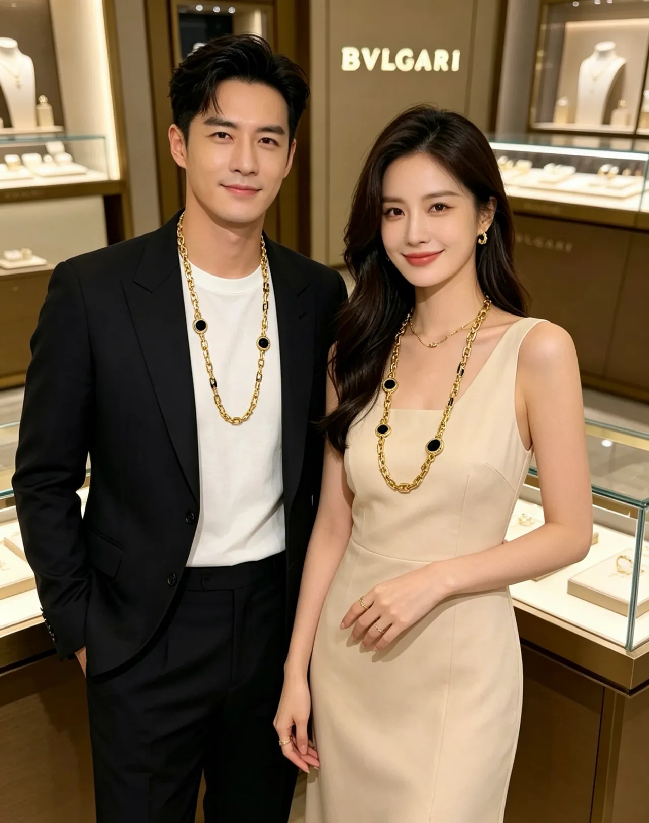 Bvlgari 金色黑色粗曲边链欧泊圆形徽章项链 7