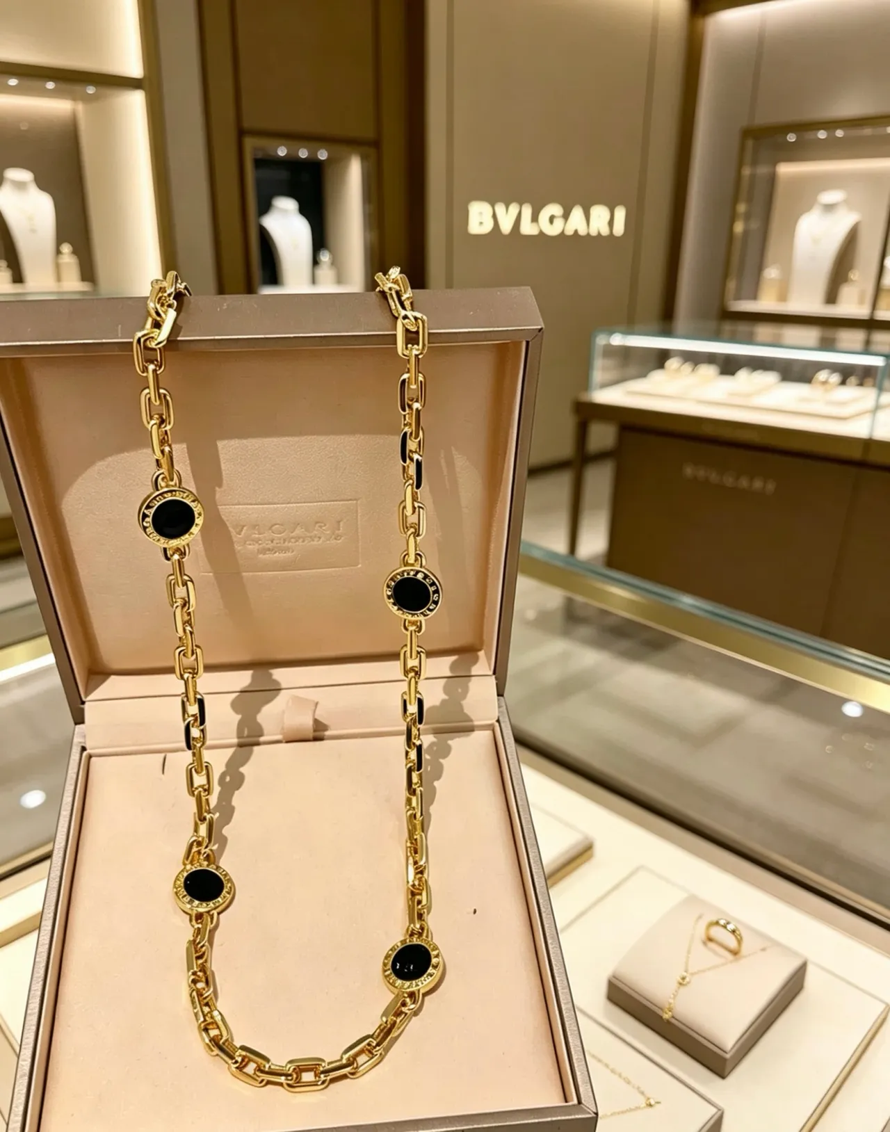 Bvlgari 金色黑色粗曲边链欧泊圆形徽章项链 9