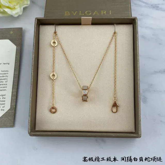 Bvlgari سلسلة ذهبية وبيضاء مستطيلة من اللؤلؤ الأم قلادة 5
