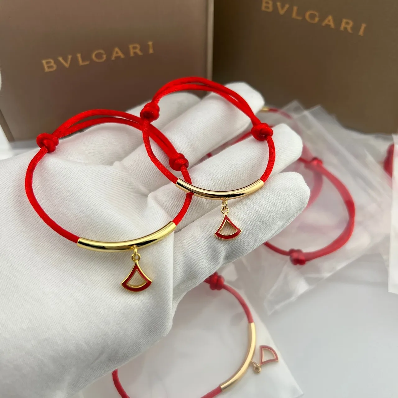 Bvlgari Red Gold Silk Cord Curved Bar Bracelet 4