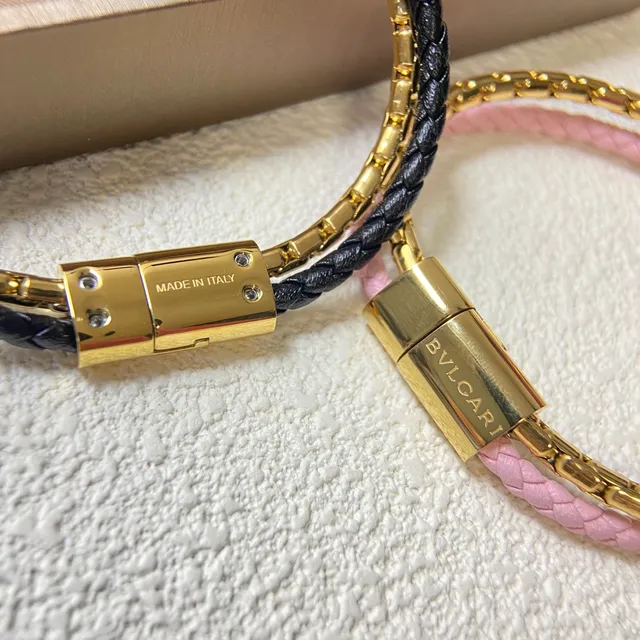 Bvlgari Serpenti Pulseira de Corrente Overlay de Couro Trançado de Dupla Envoltura de Cor Azul Rosa Dourado 2