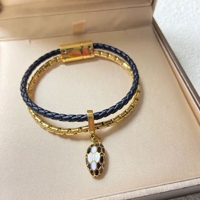 Bvlgari Serpenti Pulseira de Corrente Overlay de Couro Trançado de Dupla Envoltura de Cor Azul Rosa Dourado 3