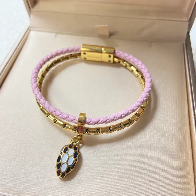 Bvlgari Serpenti Pulseira de Corrente Overlay de Couro Trançado de Dupla Envoltura de Cor Azul Rosa Dourado 4