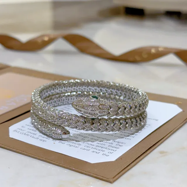Bvlgari चांदी हरा घुंघराले सांप पवेज सेट क्रिस्टल कंगन 3