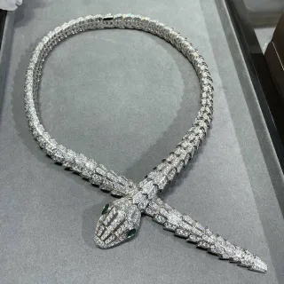 Bvlgari Silver Green Serpent Motif Pavé-Set Diamonds Necklace