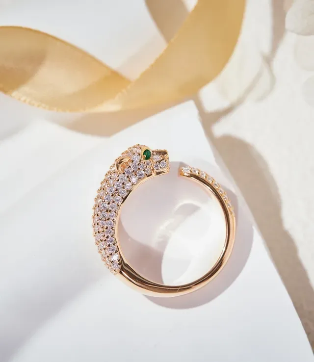 Cartier Panthère Panther Head Pavé Diamond Emerald Eye Open Ring 5