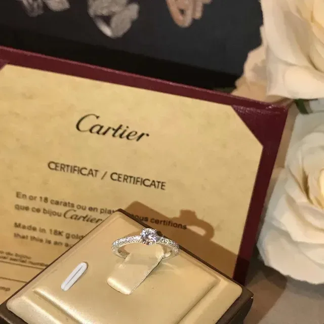 Cartier রূপালী স্বচ্ছ সোলিটেয়ার সেন্টার স্টোন পাভে-সেট ব্যান্ড রিং 9