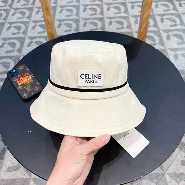 Celine Beige Black Off-White banda de tela sombrero de cubo 4