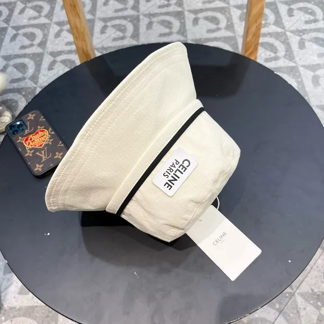 Celine Beige Black Off-White banda de tela sombrero de cubo 5