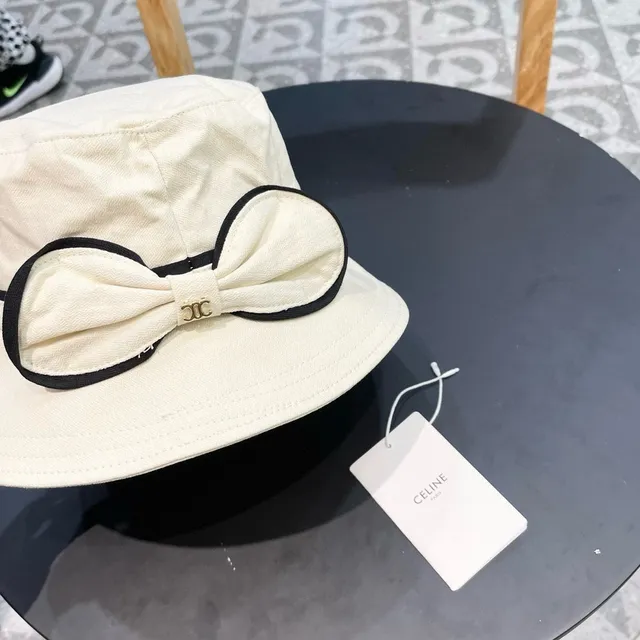 Celine Beige Black Off-White banda de tela sombrero de cubo 7